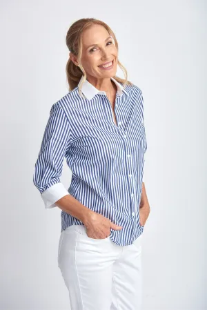 3/4 Sleeve Stripe Cotton Shirt Navy/White