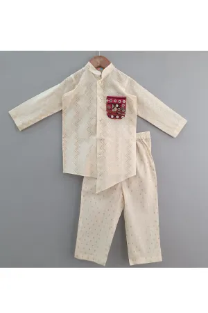 Beige Muslin Cotton Asymmetrical Shirt With Pyjama Set