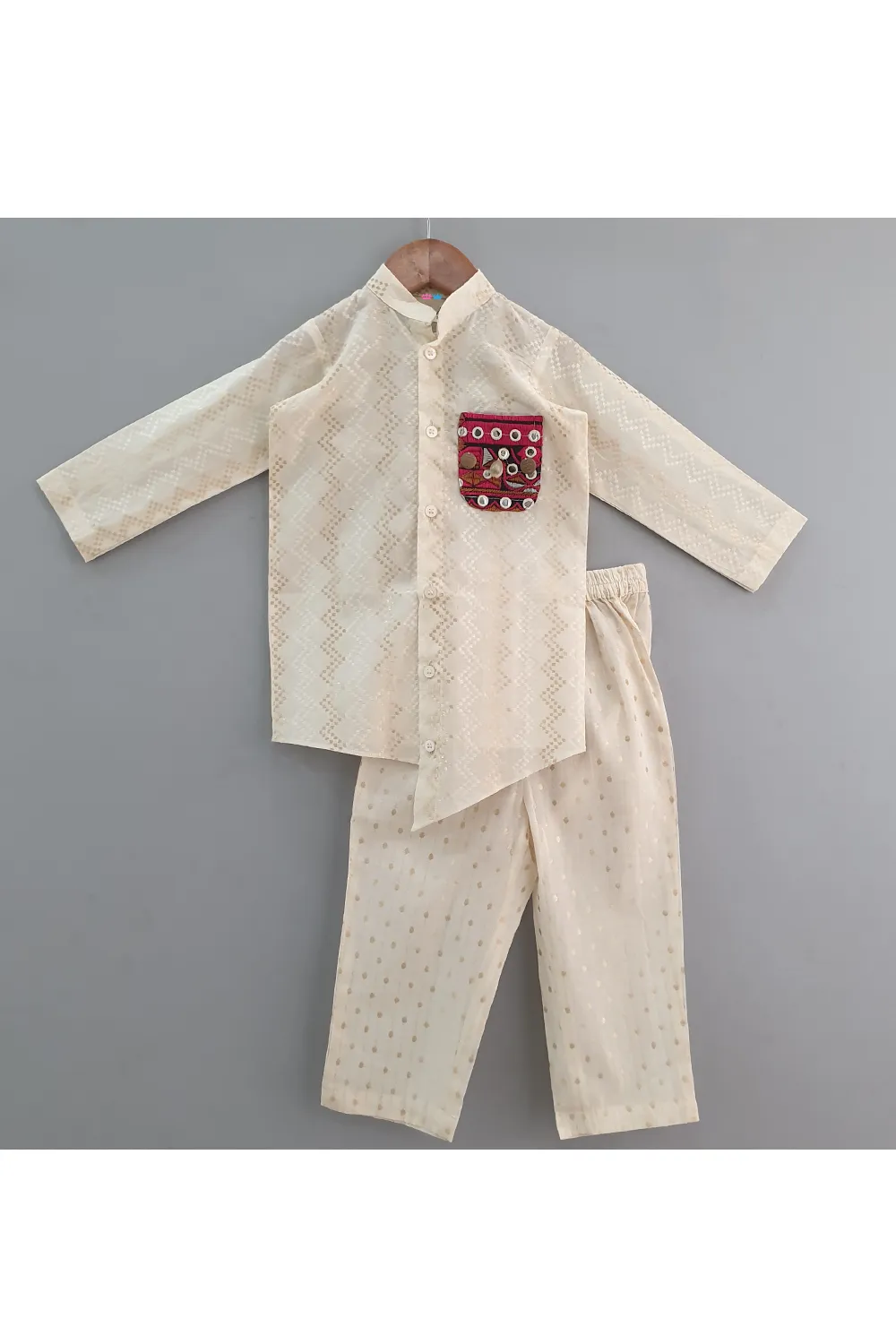 Beige Muslin Cotton Asymmetrical Shirt With Pyjama Set