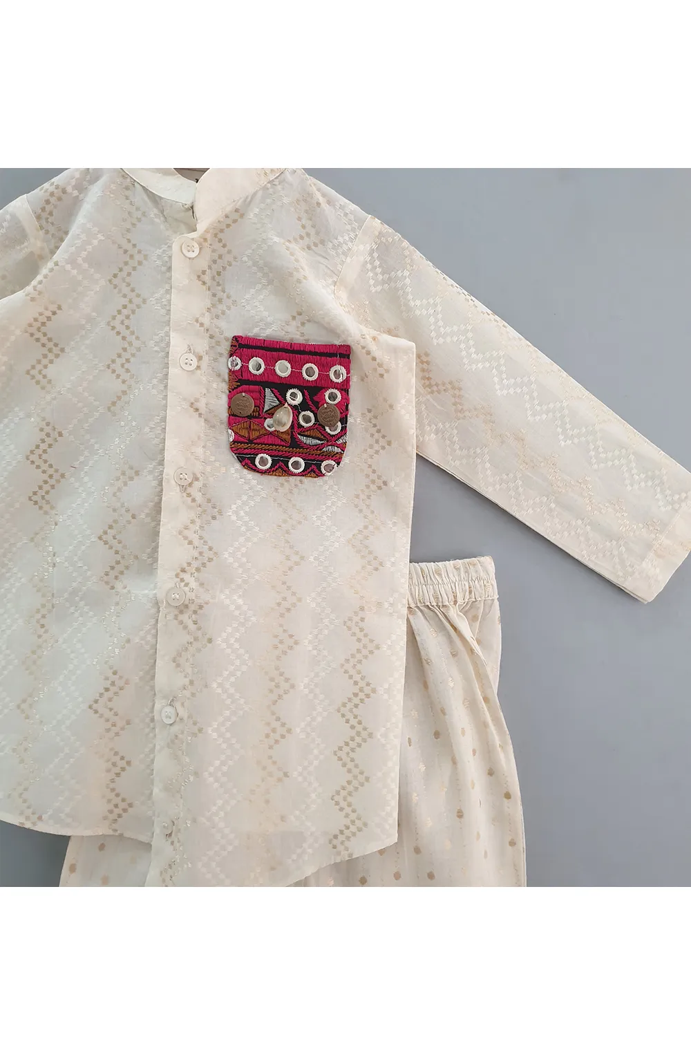 Beige Muslin Cotton Asymmetrical Shirt With Pyjama Set