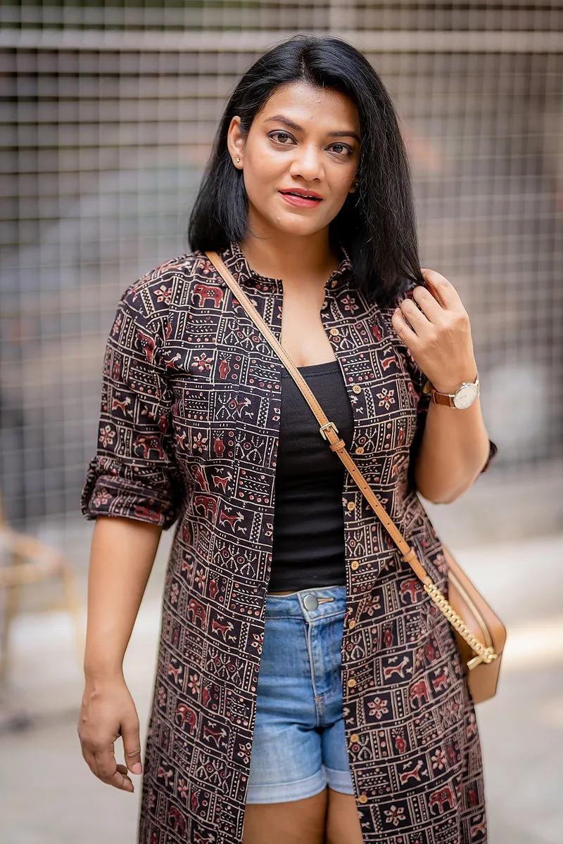 Black Warli Handloom Cotton Shirt Dress