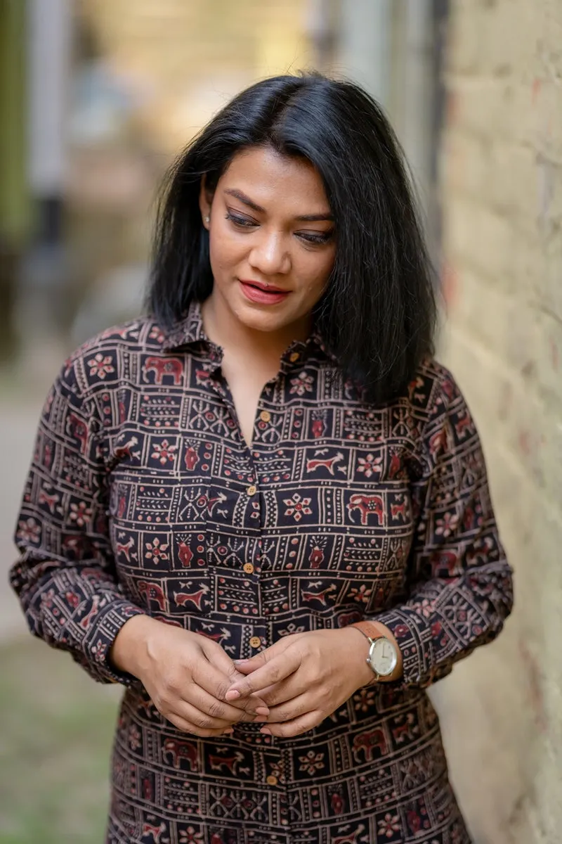 Black Warli Handloom Cotton Shirt Dress