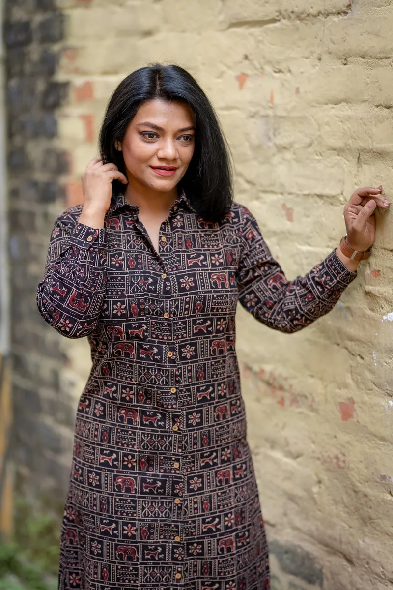 Black Warli Handloom Cotton Shirt Dress