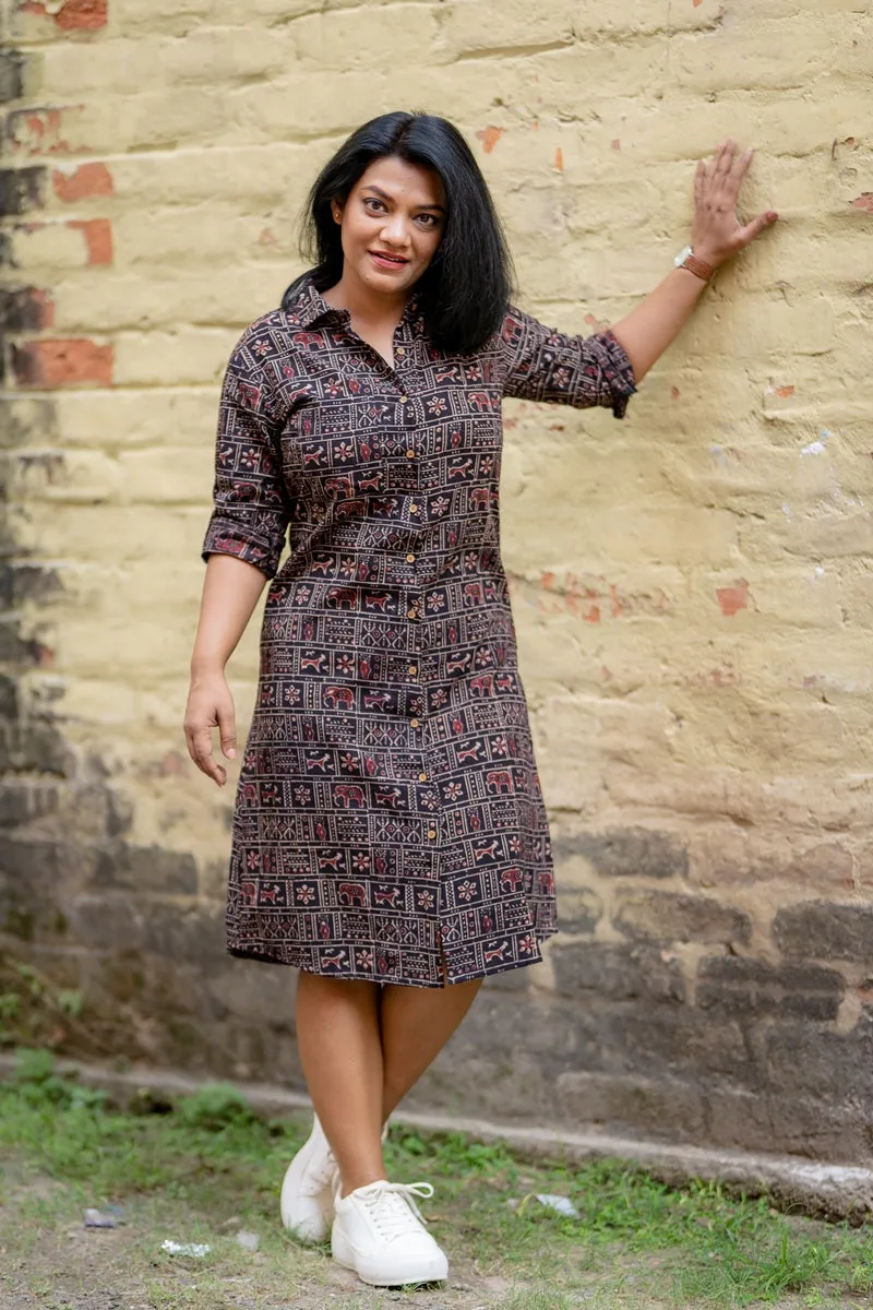 Black Warli Handloom Cotton Shirt Dress