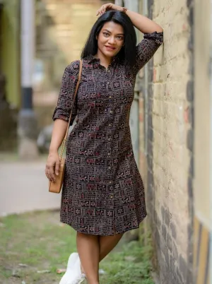 Black Warli Handloom Cotton Shirt Dress