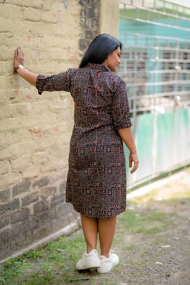 Black Warli Handloom Cotton Shirt Dress