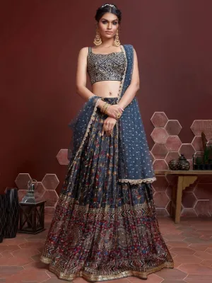 Blue Silk Heavy Embroidered & Mirror Work Lehenga Choli Set with Ruffle Work Dupatta