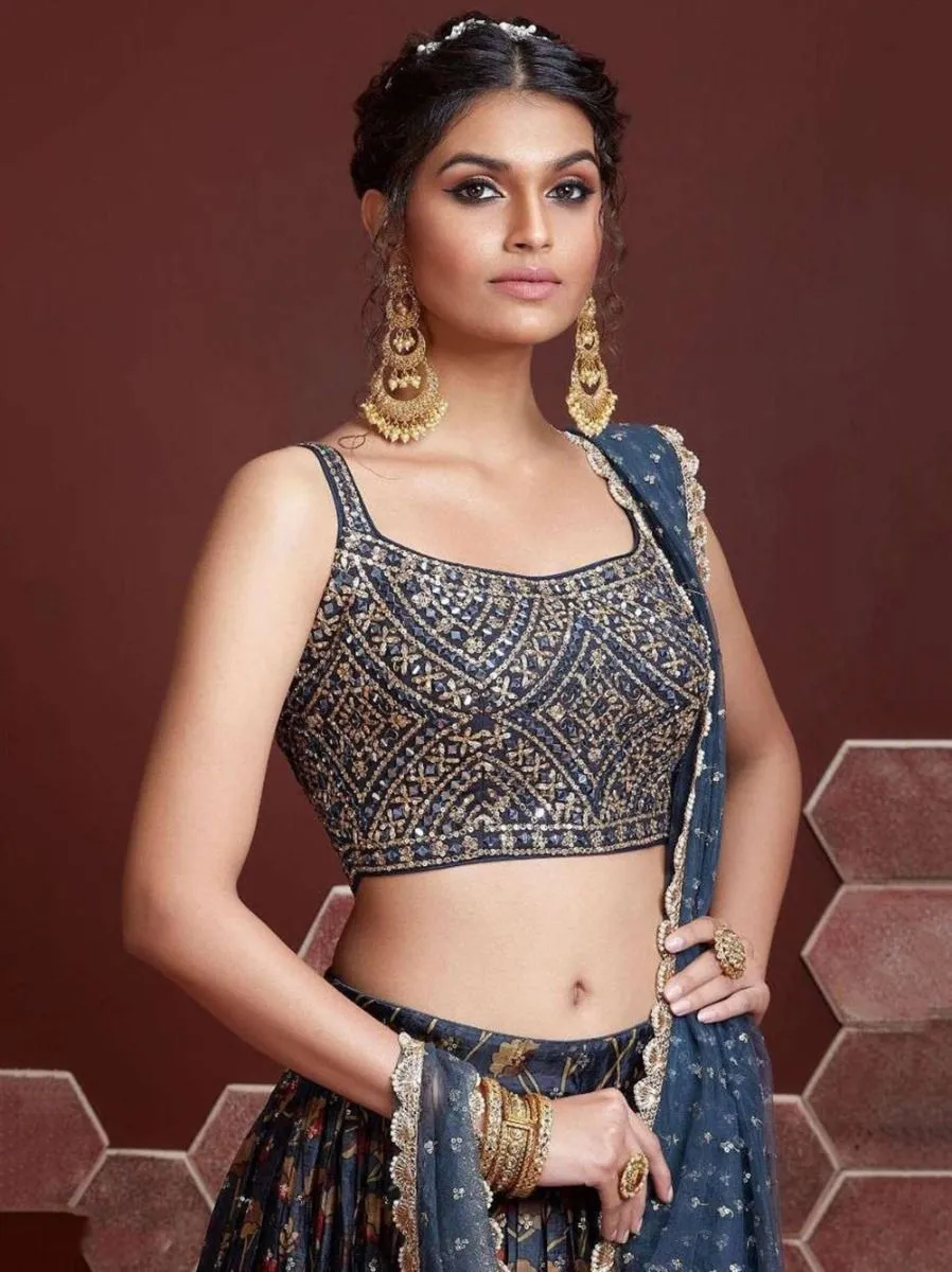 Blue Silk Heavy Embroidered & Mirror Work Lehenga Choli Set with Ruffle Work Dupatta
