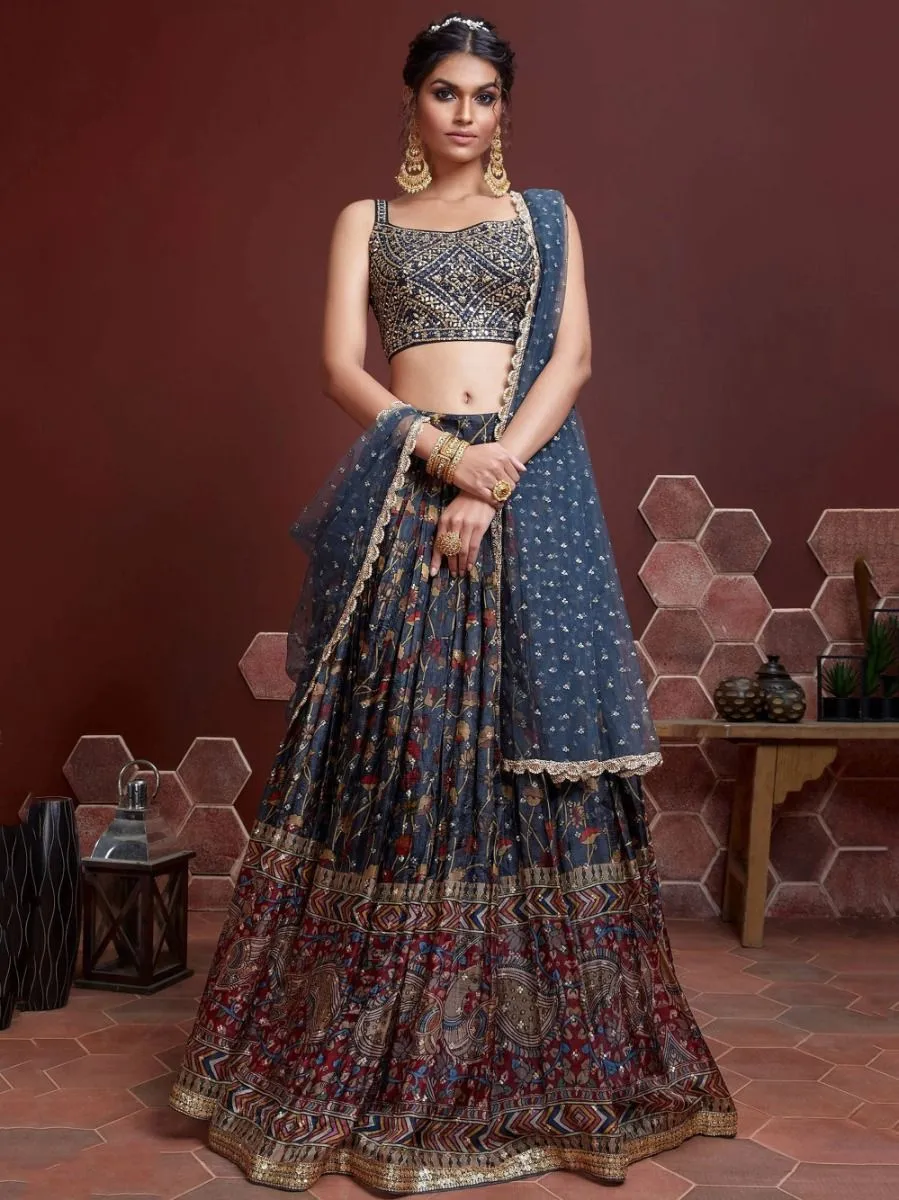 Blue Silk Heavy Embroidered & Mirror Work Lehenga Choli Set with Ruffle Work Dupatta