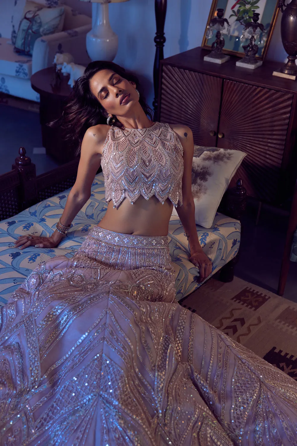 Bridal Statement Piece, Pink Champagne Lehenga, Hand Embroidery, Tulle And Satin Silk