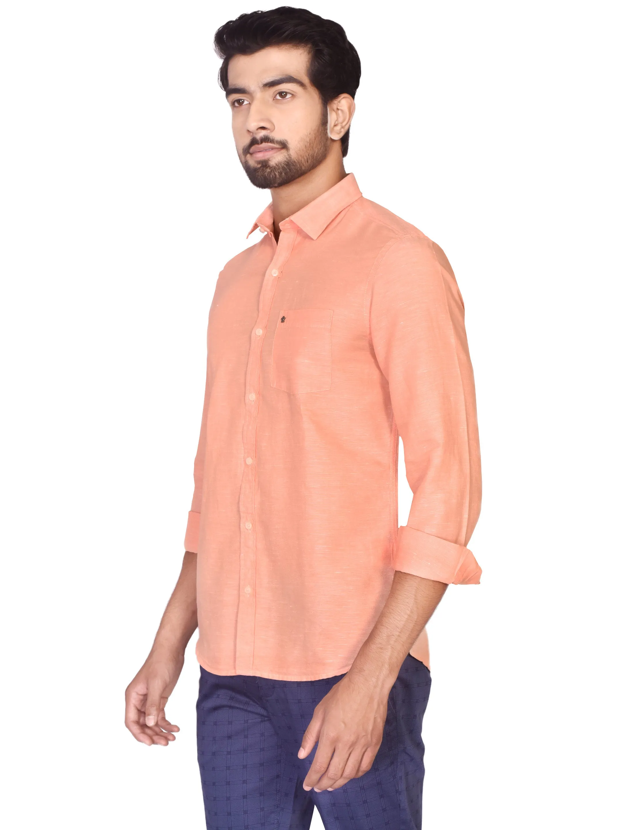 Cotton Linen Peach Plain Slim Fit Full Sleeve Casual Shirt