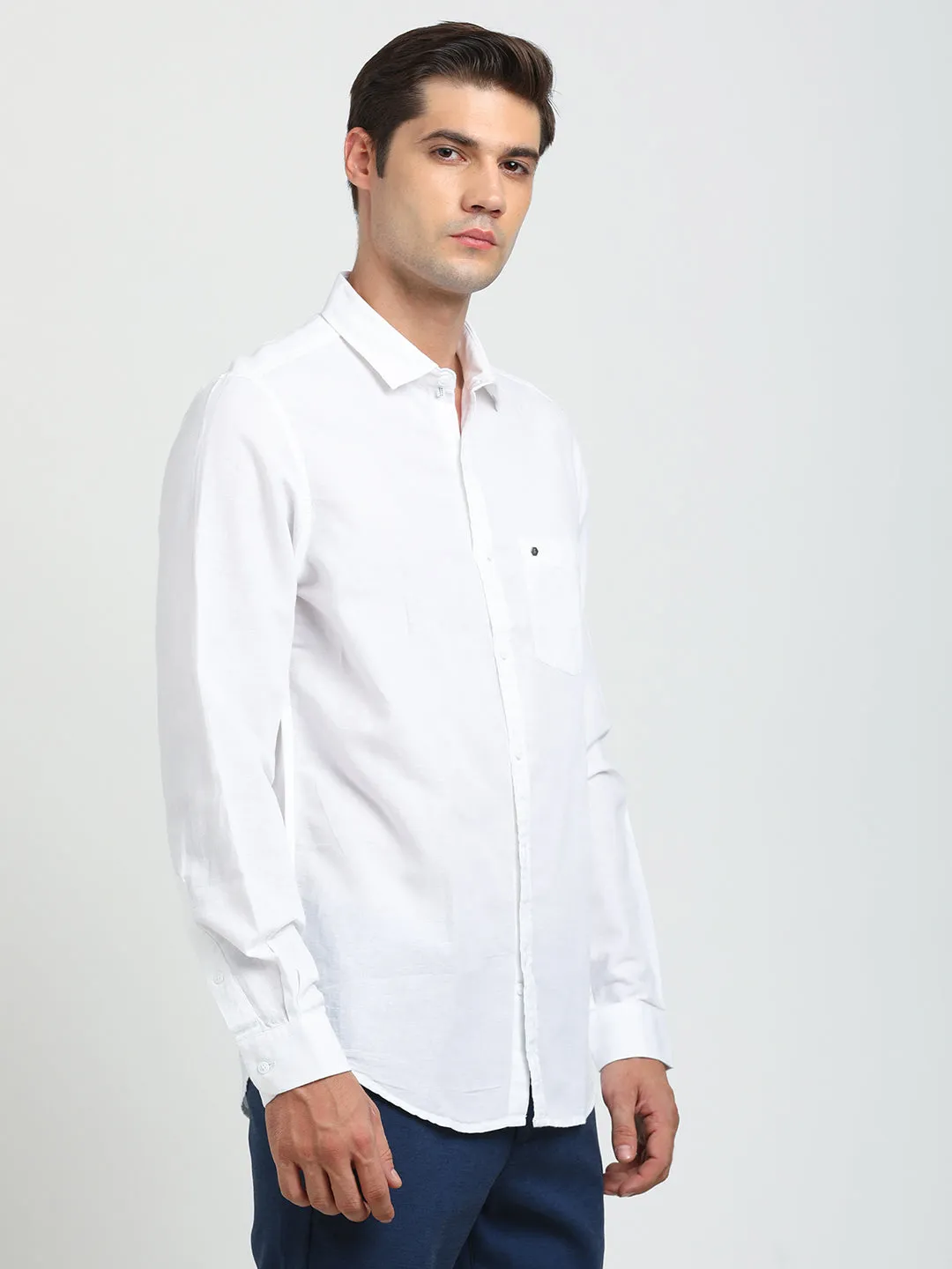 Cotton Linen White Plain Slim Fit Full Sleeve Casual Shirt