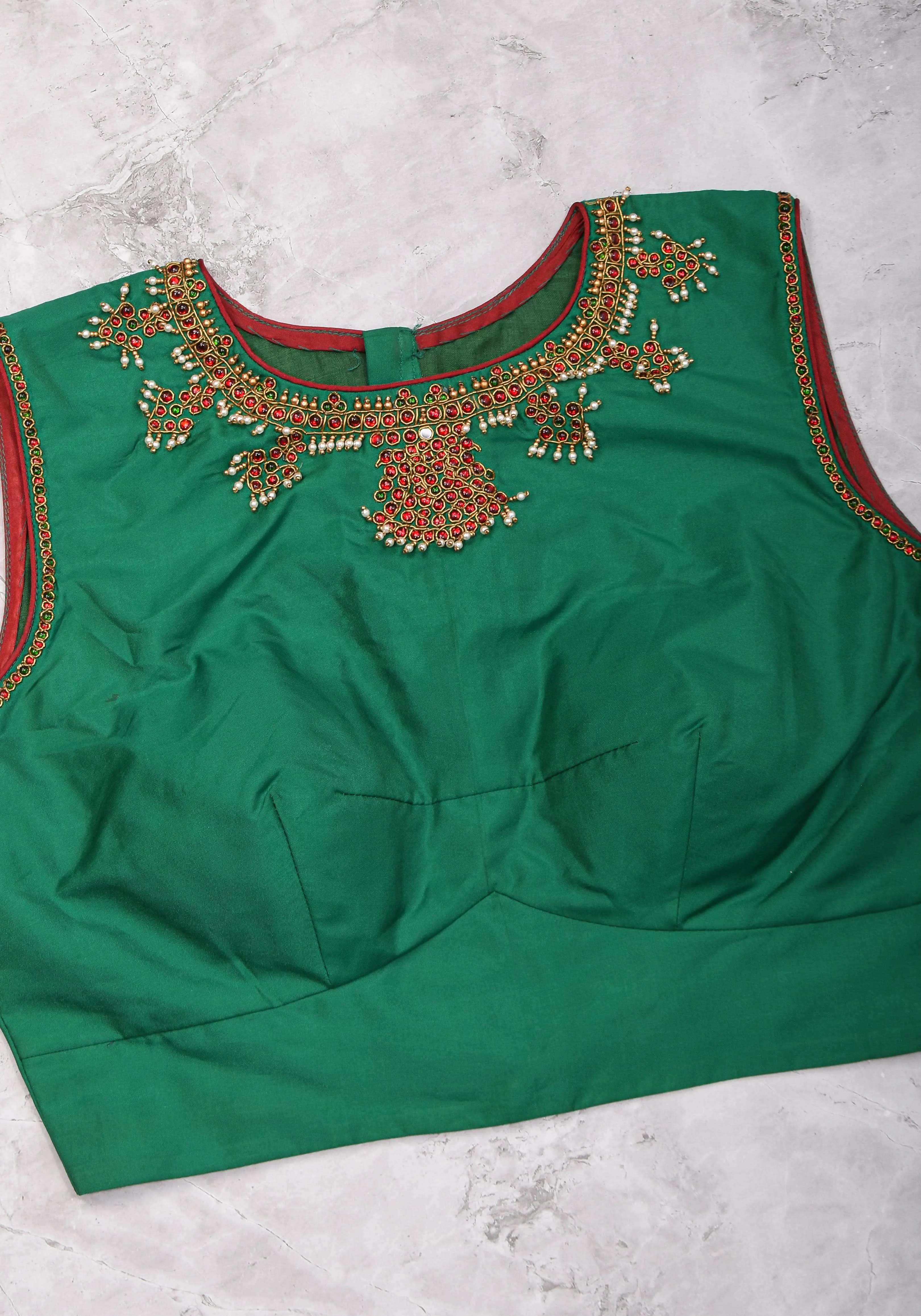 Custom Made:  Necklace Design Jadau Ornamental Sleeveless Blouse in SIlk | Shobitam Blouse