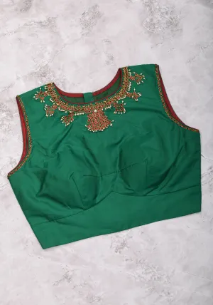 Custom Made:  Necklace Design Jadau Ornamental Sleeveless Blouse in SIlk | Shobitam Blouse