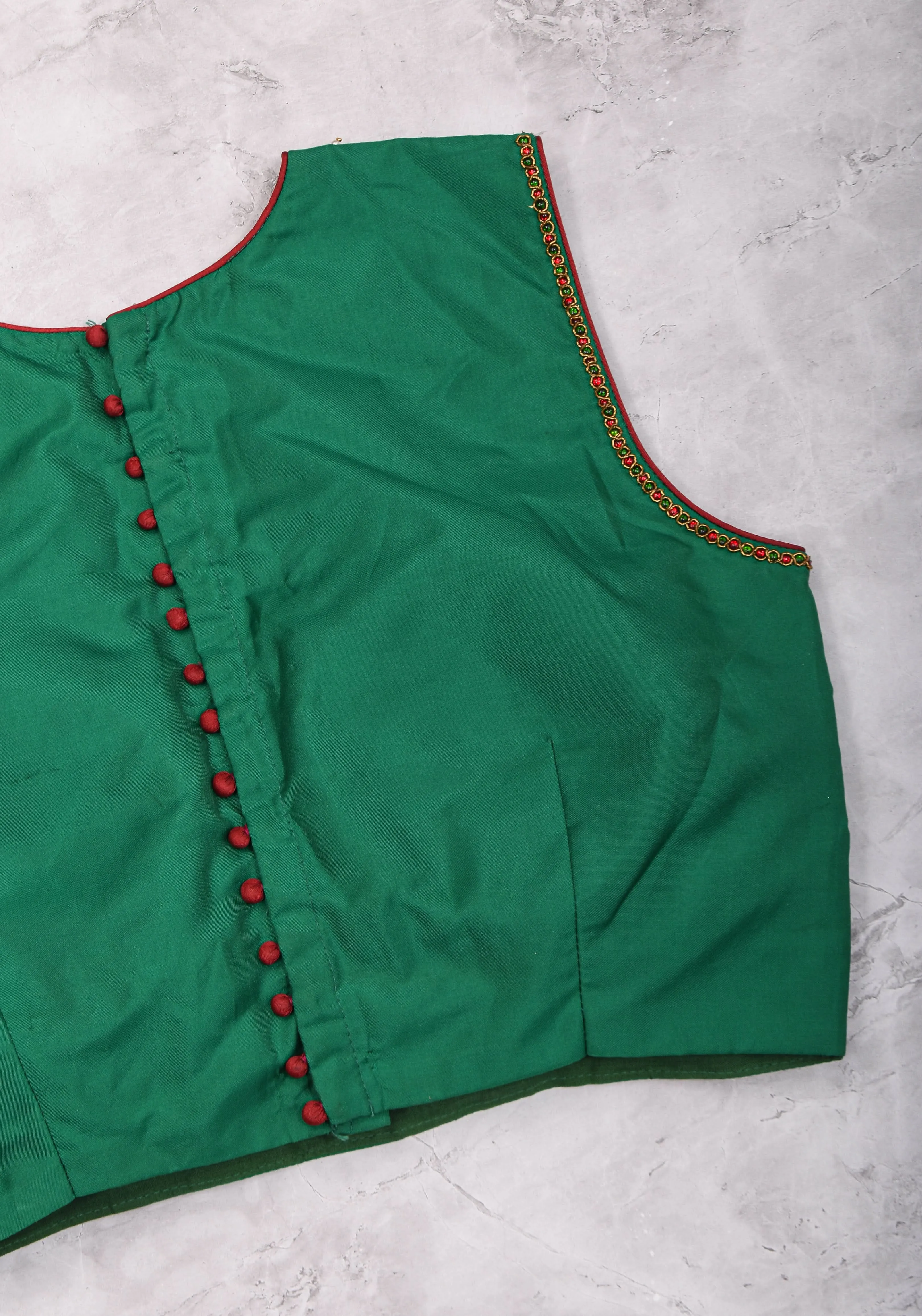 Custom Made:  Necklace Design Jadau Ornamental Sleeveless Blouse in SIlk | Shobitam Blouse