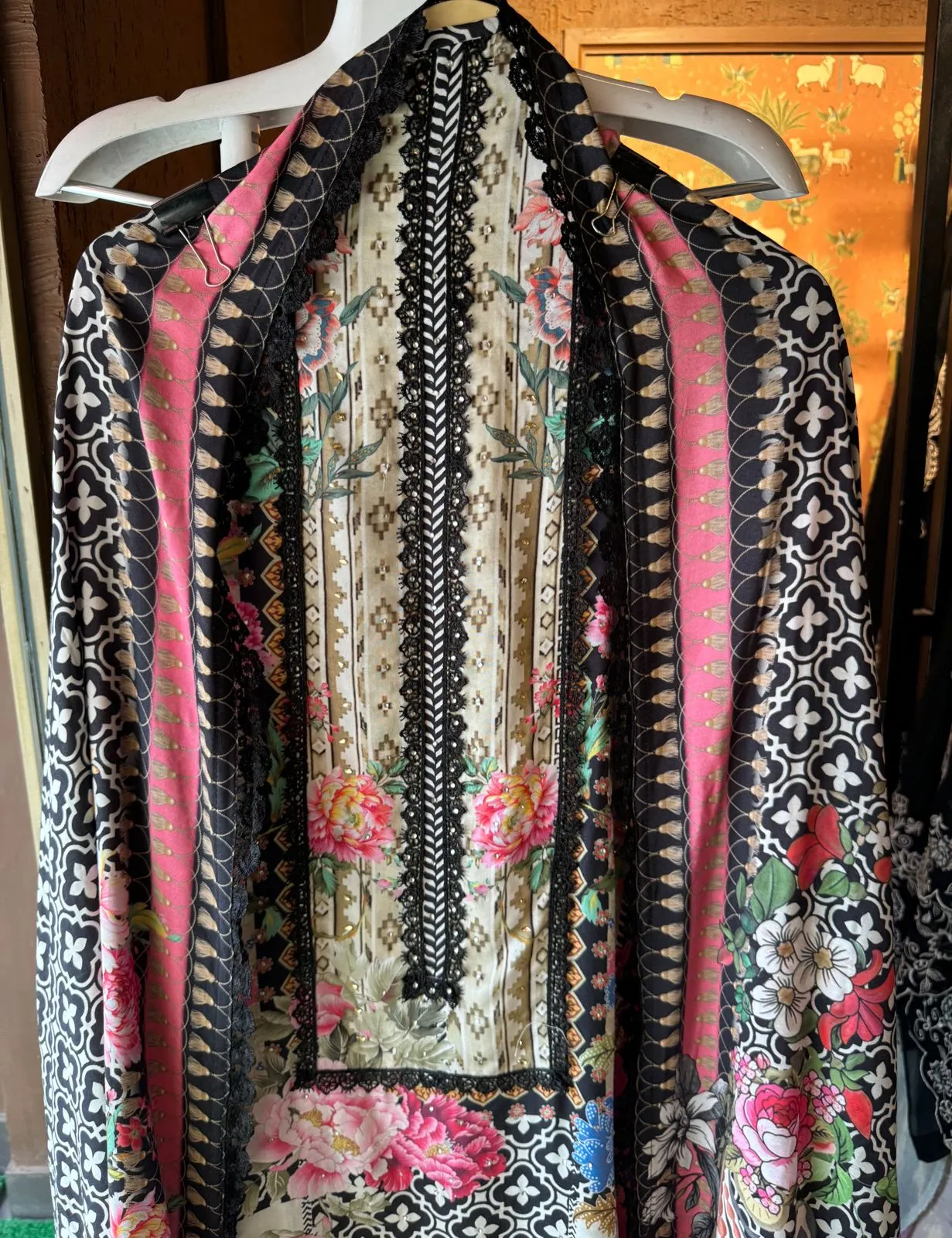 Digital printed Muslin shirt with Crochia lace on the neckline