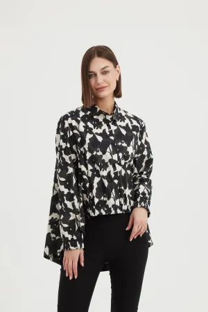 Elastic Front Hem Print Shirt | Black Floral