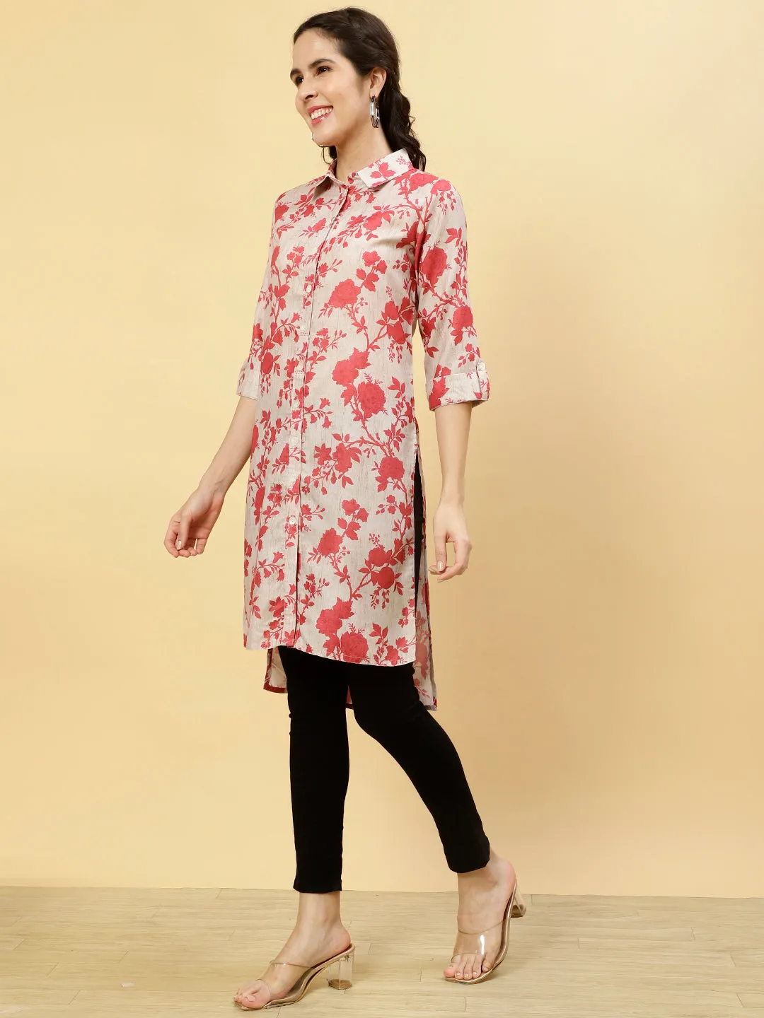 Floral Beige Collared Kurta