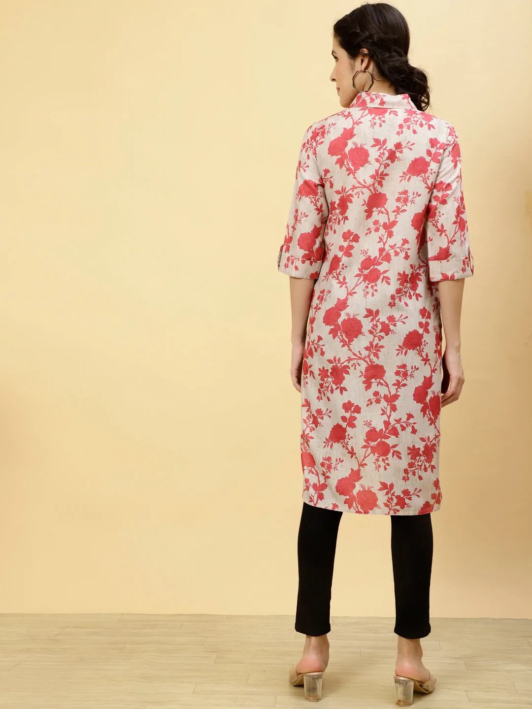 Floral Beige Collared Kurta