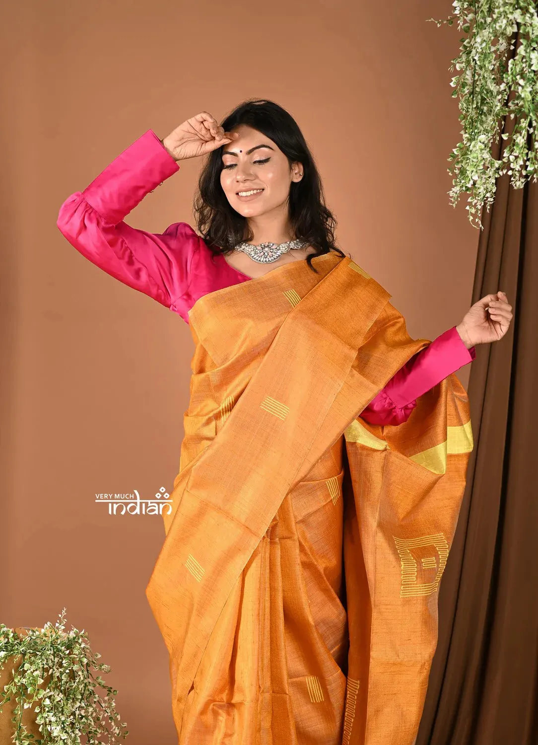 Handloom and Charkha Woven Pure Dupion Silk by Govt certified Weavers - Khaddi Orange