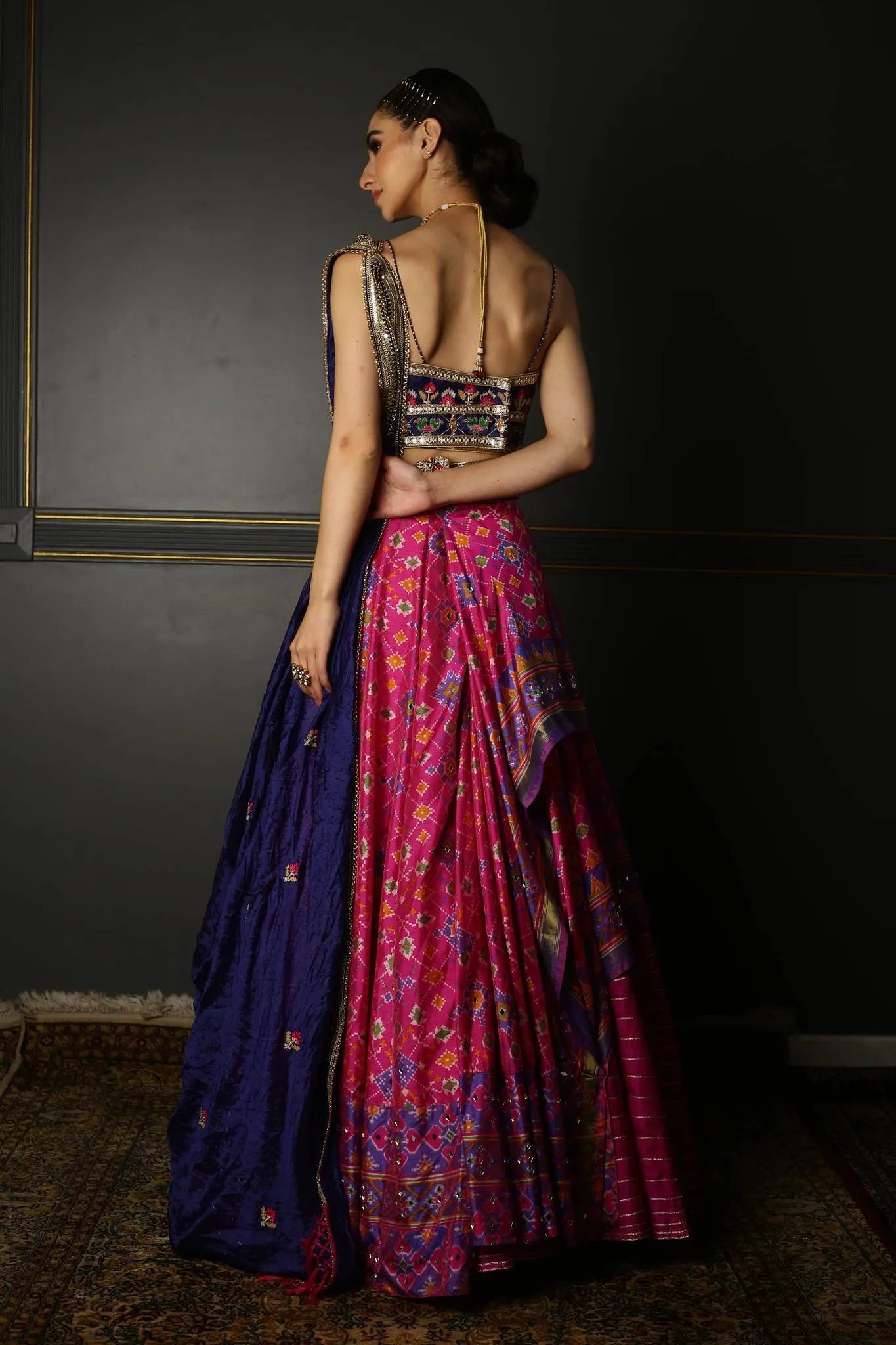 Hot Pink Printed Patola Layered Lehenga