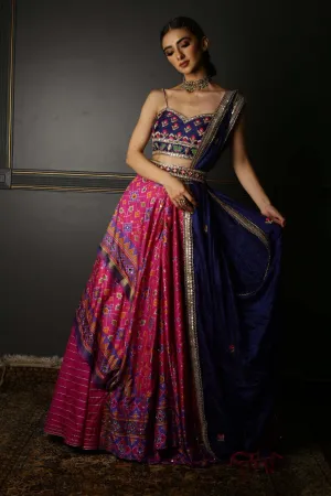 Hot Pink Printed Patola Layered Lehenga