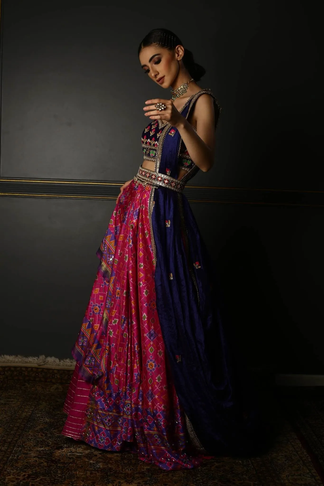 Hot Pink Printed Patola Layered Lehenga