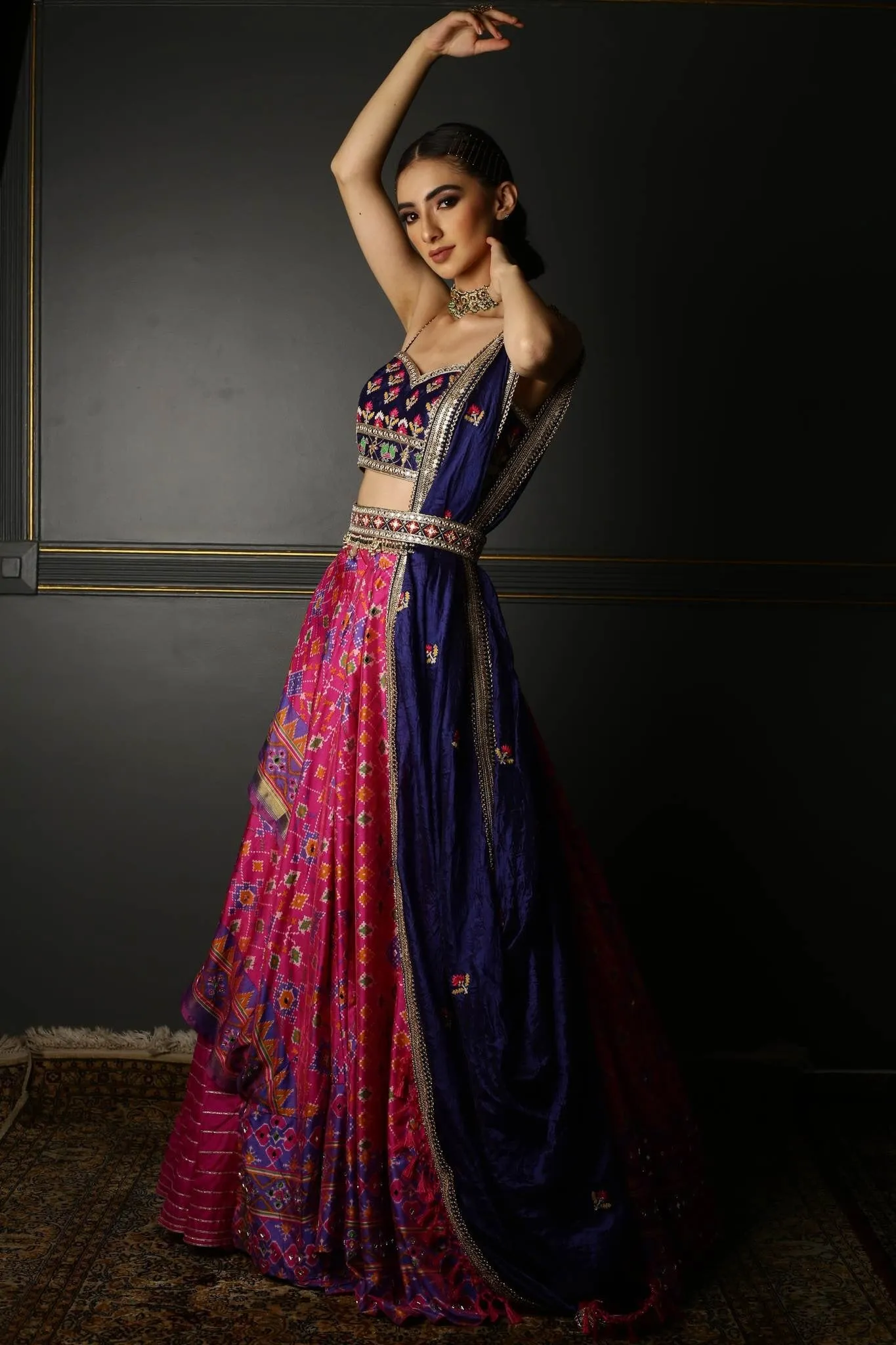 Hot Pink Printed Patola Layered Lehenga