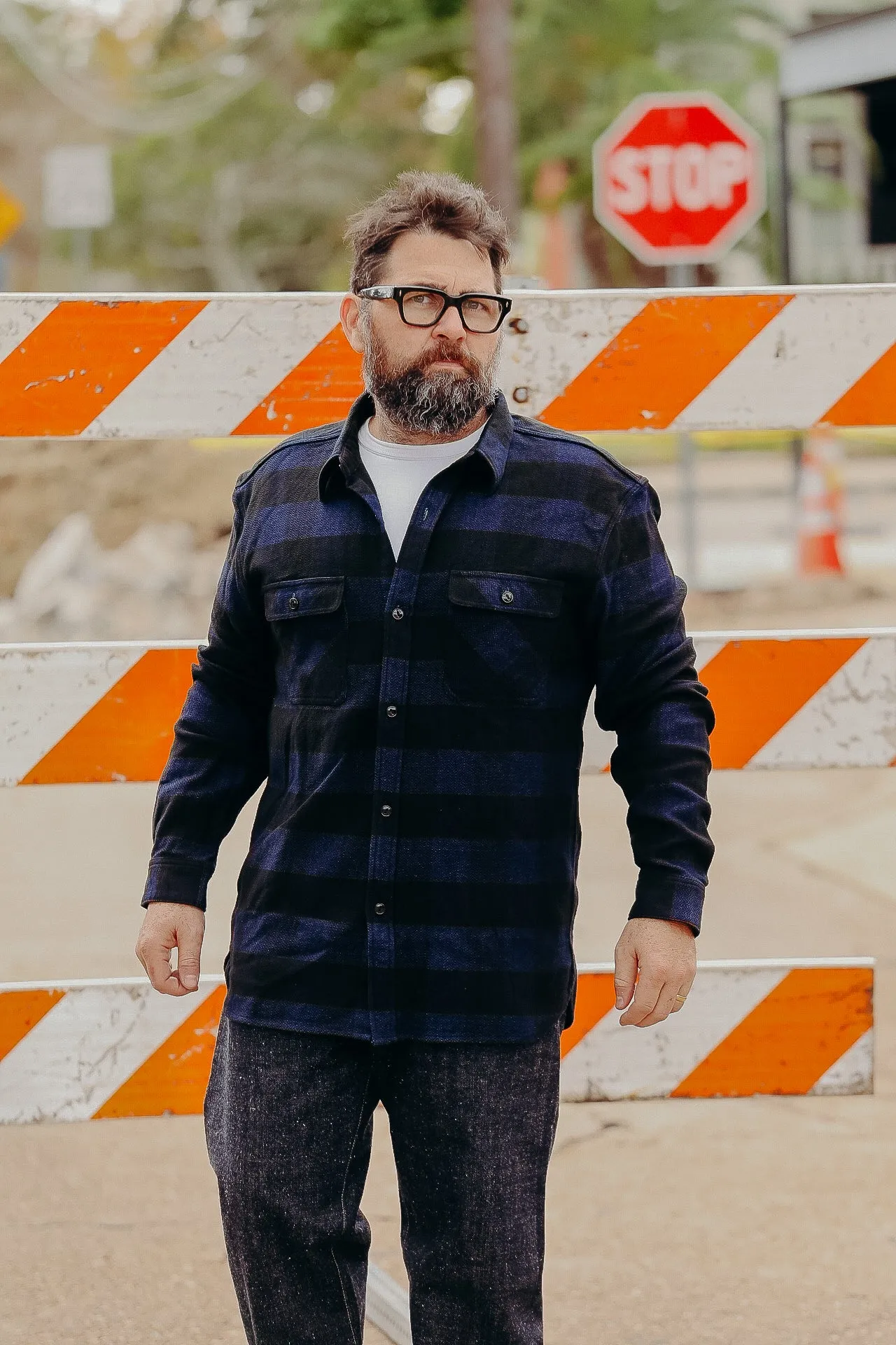 INDIGO BLOCK CHECK FLANNEL WORK SHIRT FN-SNR-101LSP