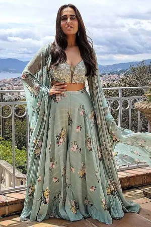 Kusha Kapila In Our Aquamarine cape plazoo set