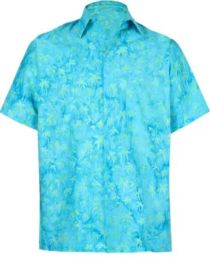 LA LEELA Men's Wear Summer Everyday Essentials  Casual  Shirt 100% NATURAL COTTON  Palm Tree Printed turquoise Green shirt