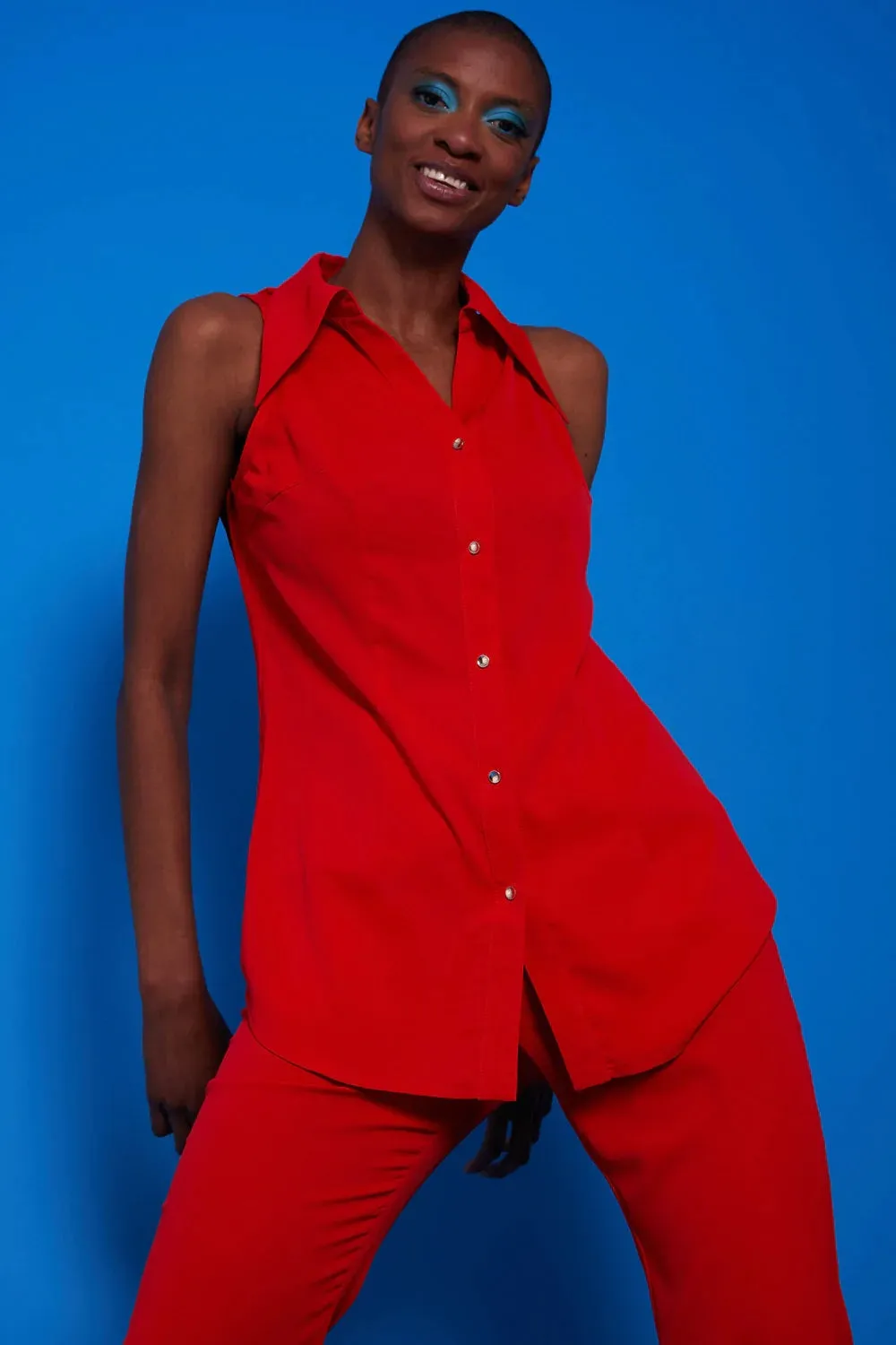 Ladies Red Silk Blend Sleeveless Shirt