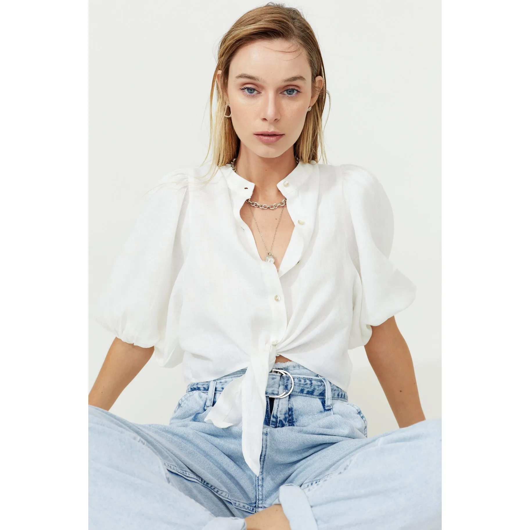 Linen Puffed Sleeve Cropped Bubble Shirt