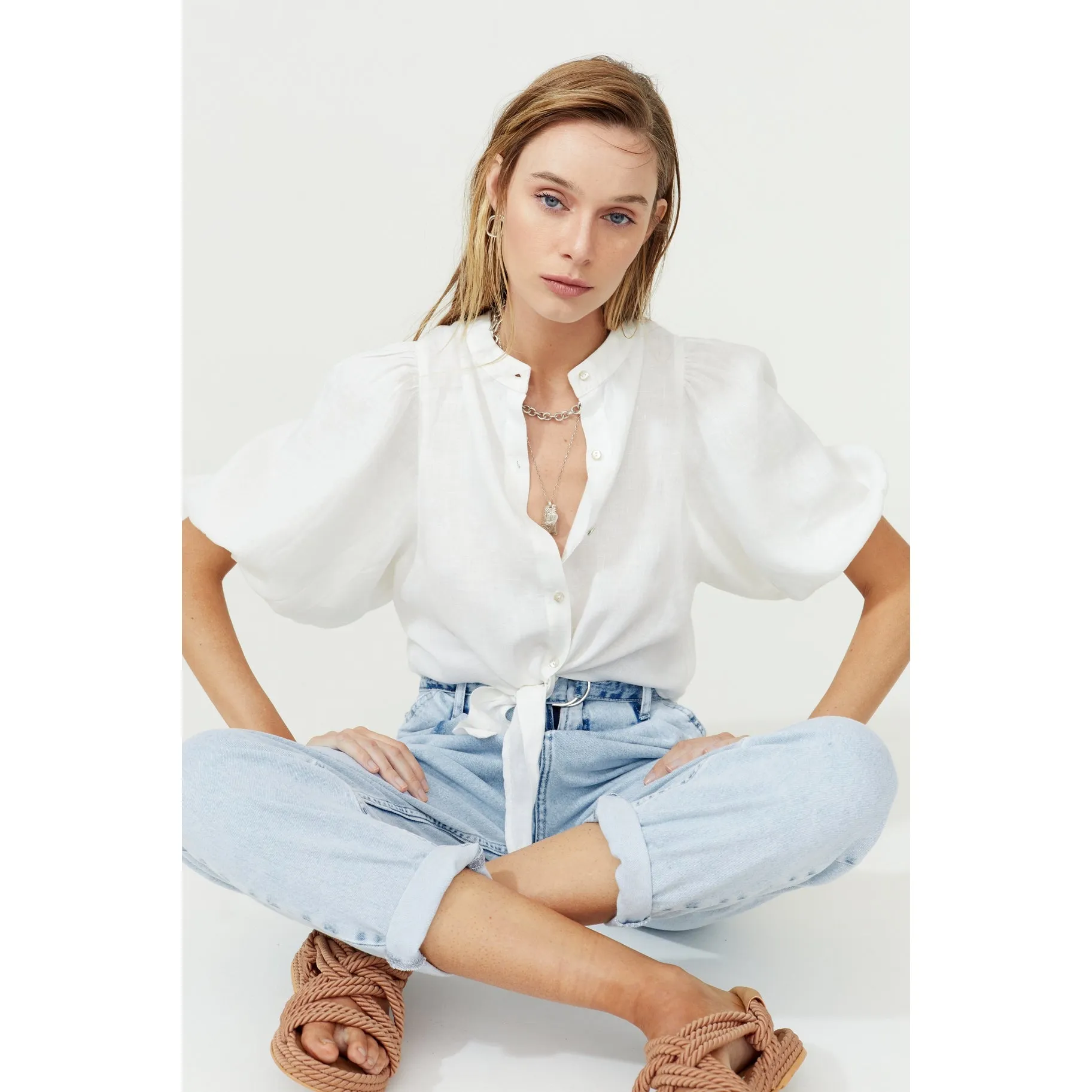Linen Puffed Sleeve Cropped Bubble Shirt