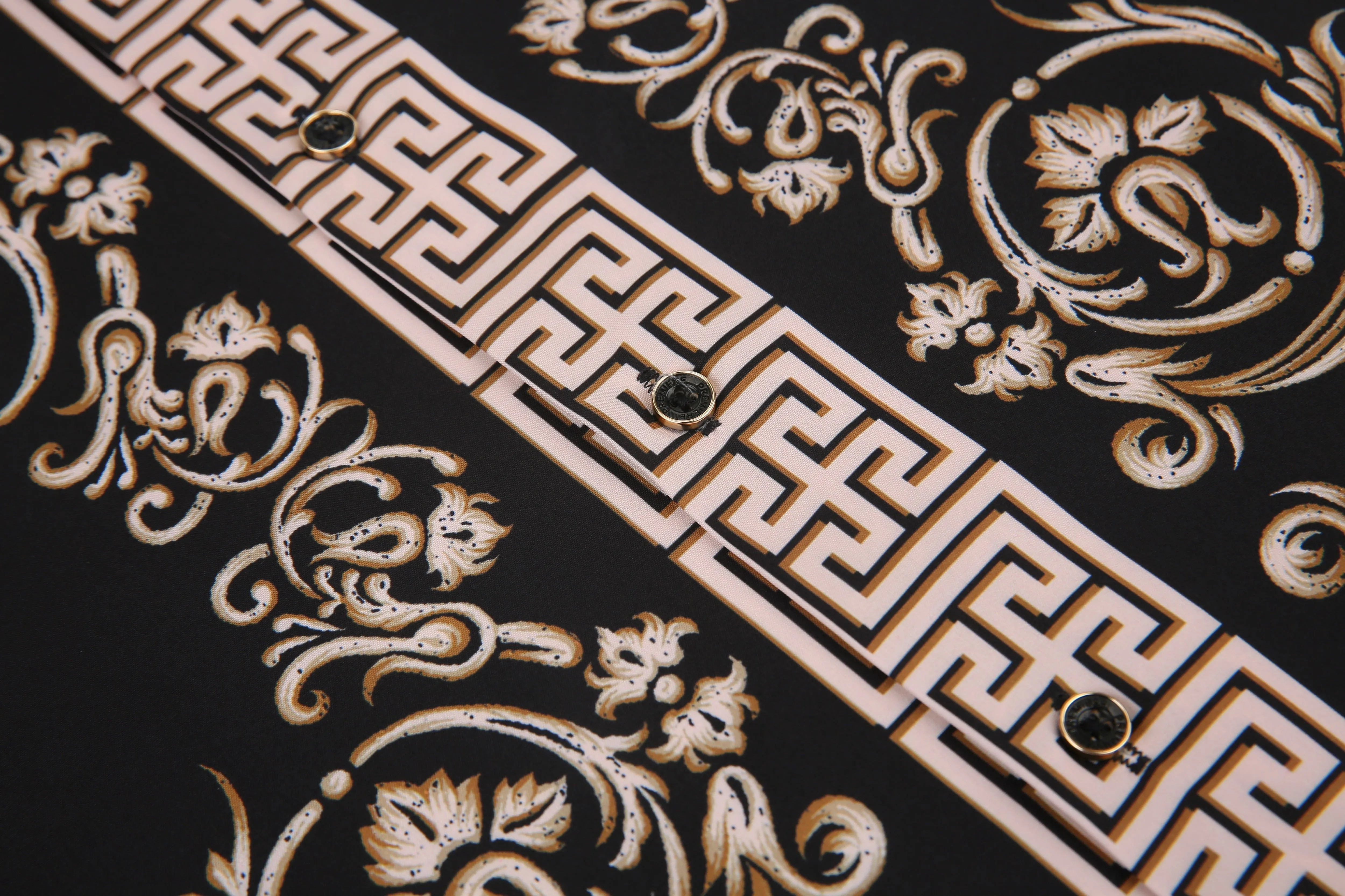 Men's PREMIERE Gold Black White Geometric Floral Tribal Design Long Sleeve Button Down Dress Shirt