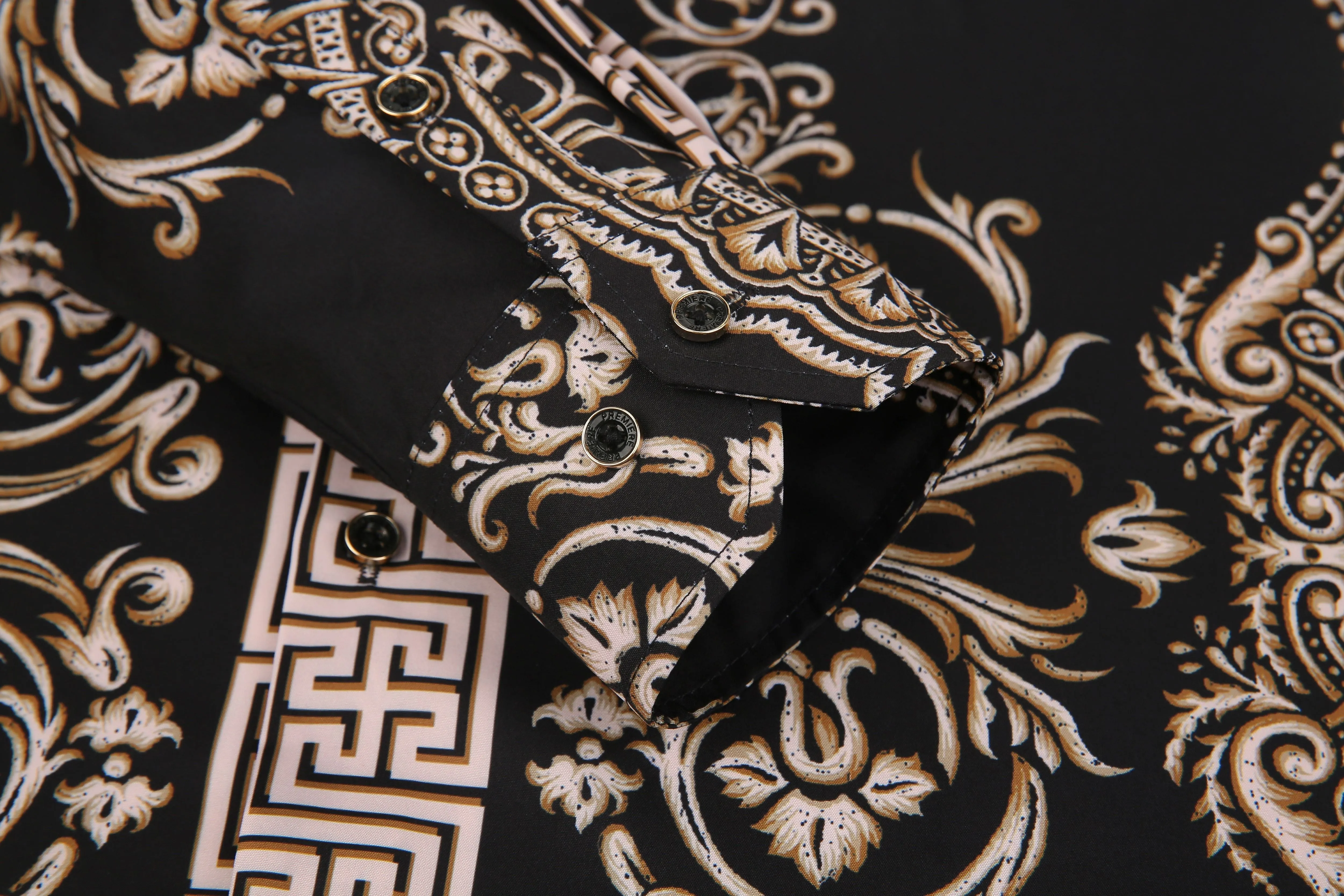 Men's PREMIERE Gold Black White Geometric Floral Tribal Design Long Sleeve Button Down Dress Shirt