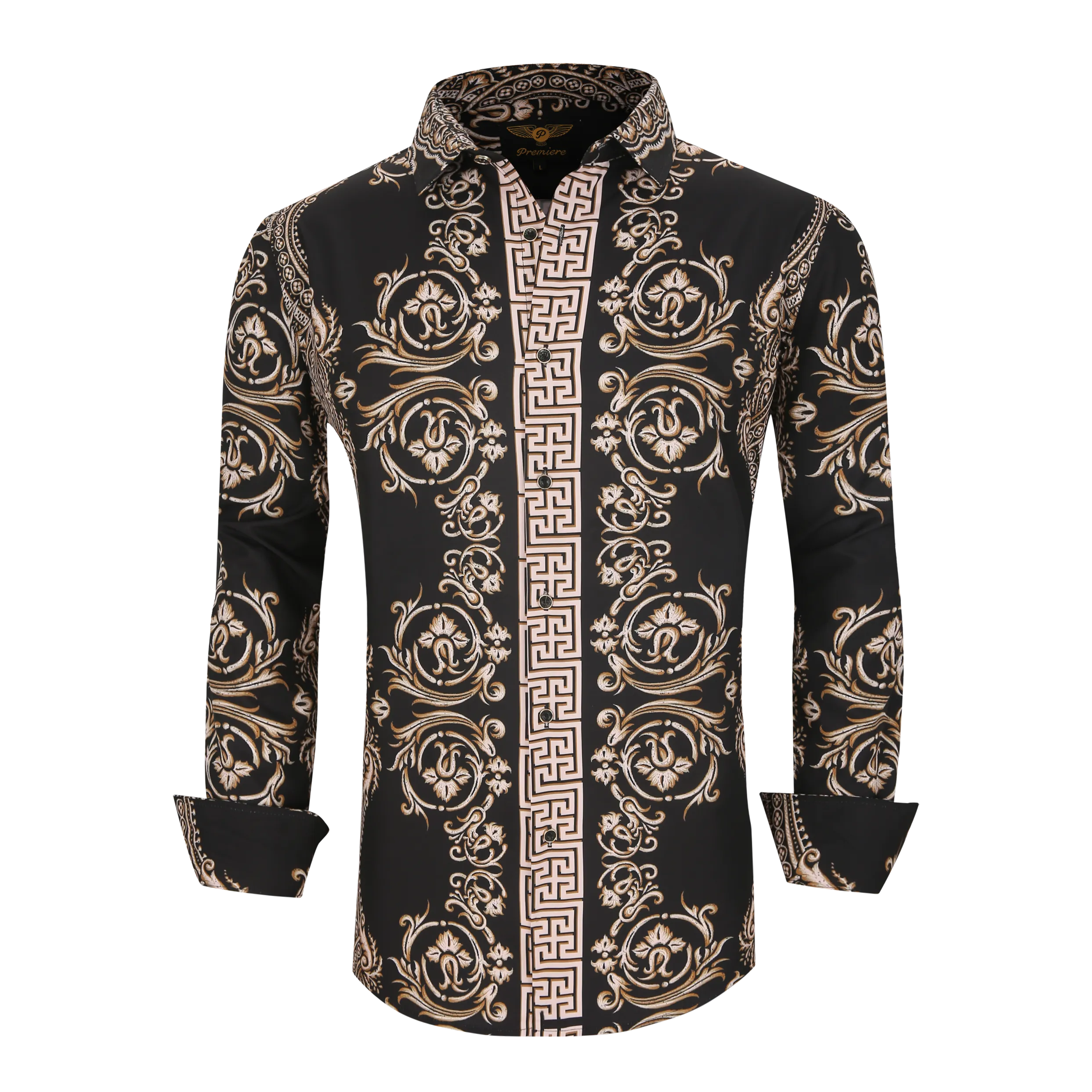 Men's PREMIERE Gold Black White Geometric Floral Tribal Design Long Sleeve Button Down Dress Shirt