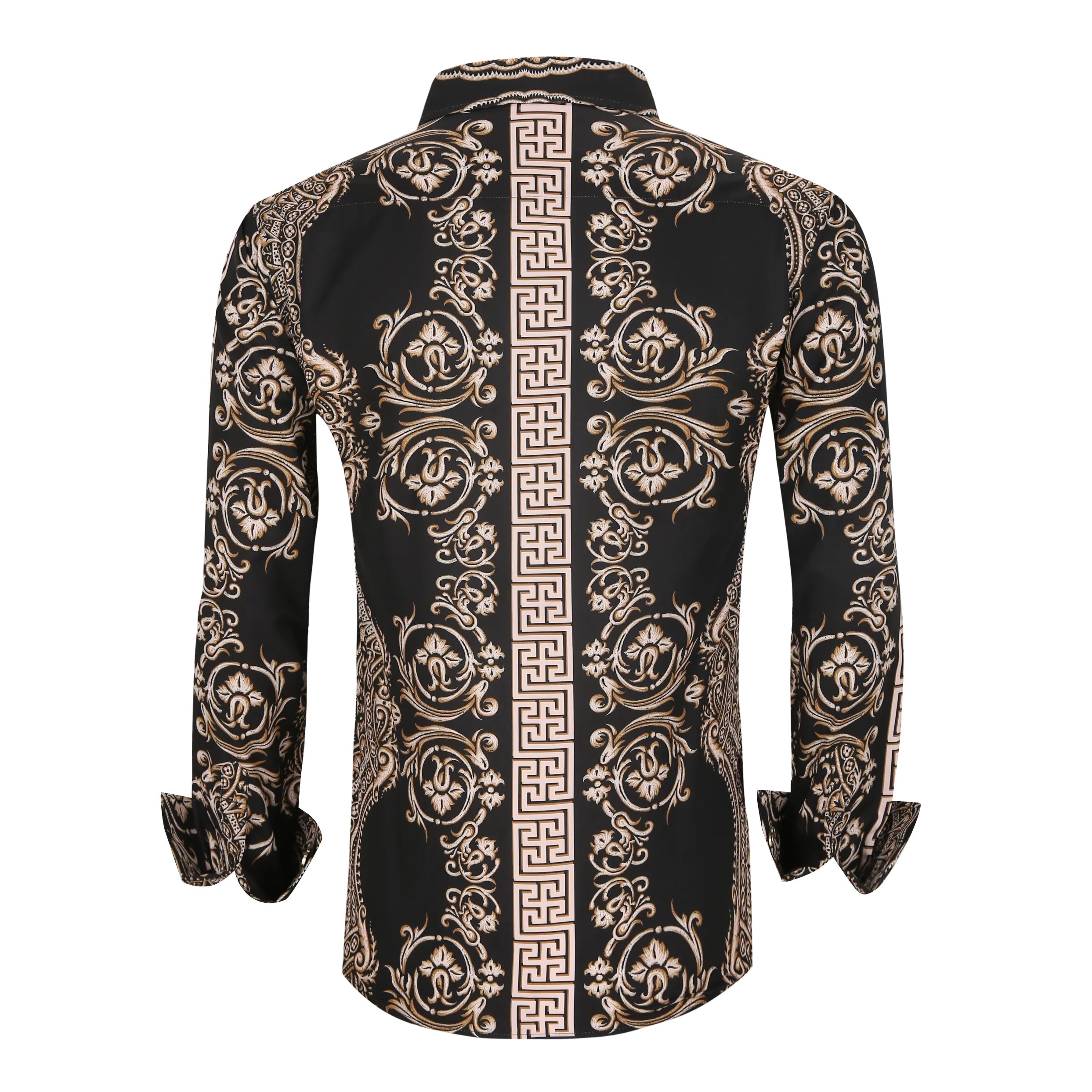 Men's PREMIERE Gold Black White Geometric Floral Tribal Design Long Sleeve Button Down Dress Shirt