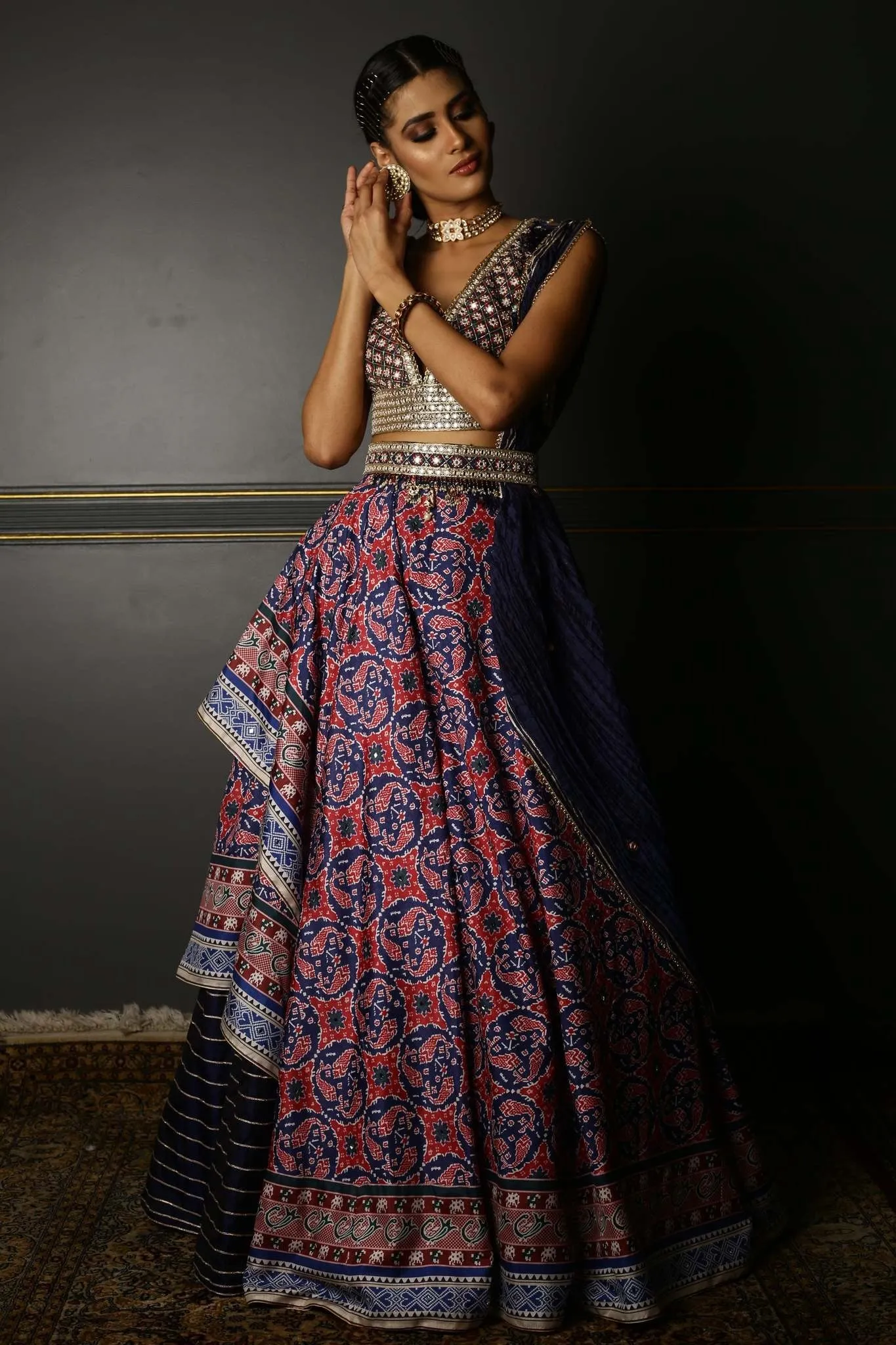 Midnight Blue Printed Patola Layered Lehenga