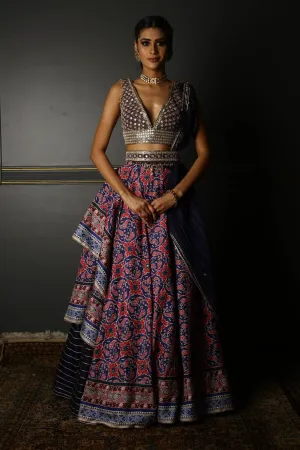 Midnight Blue Printed Patola Layered Lehenga