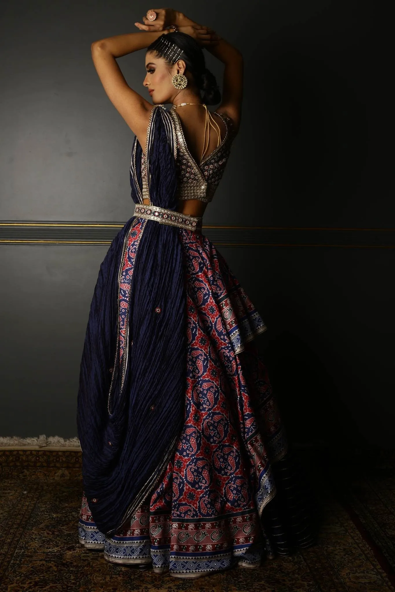 Midnight Blue Printed Patola Layered Lehenga