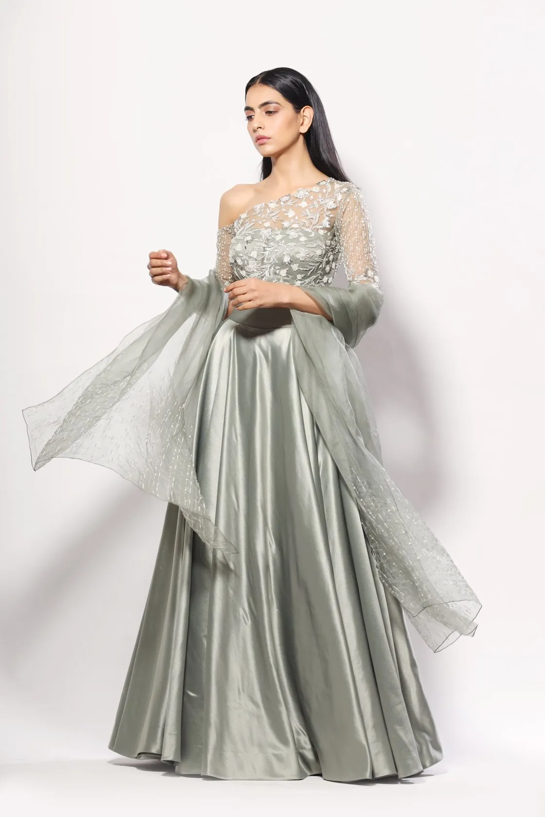 Olive one-off shoulder heavy embelished blouse lehenga set