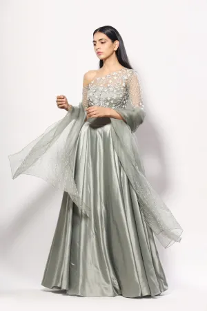 Olive one-off shoulder heavy embelished blouse lehenga set