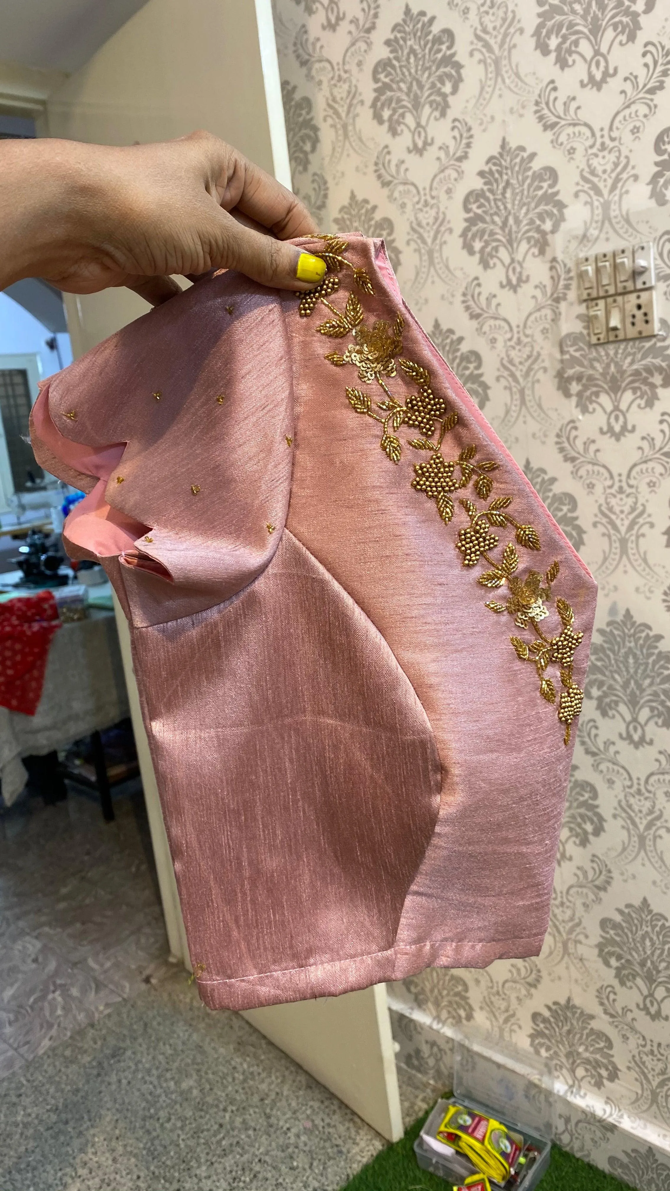 Onion pink silk heavy V shaped hand worked blouse
