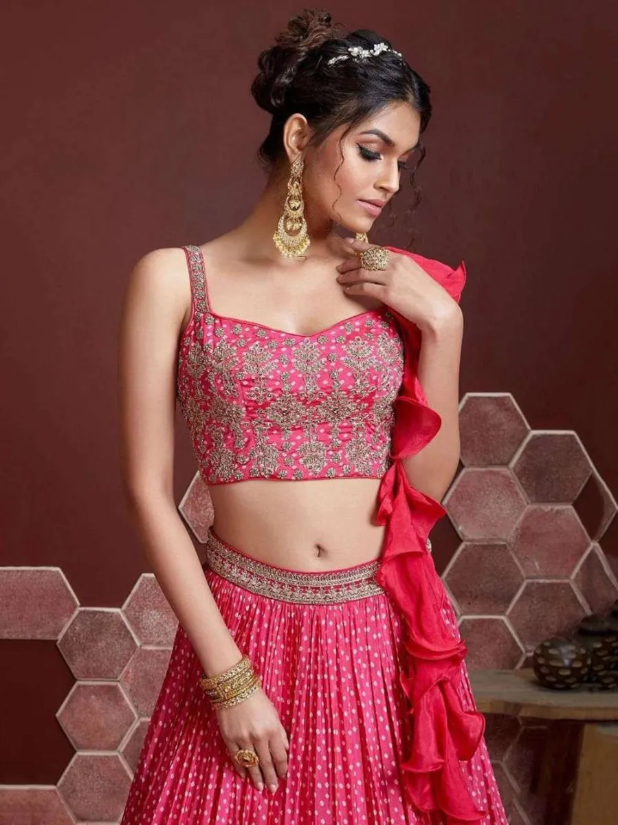 Pink Chinon Silk Embroidered & Digital Print Lehenga Choli Set with Ruffle Work Dupatta