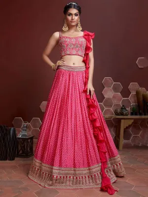 Pink Chinon Silk Embroidered & Digital Print Lehenga Choli Set with Ruffle Work Dupatta