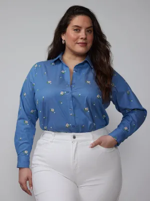 Plus Long Sleeve Embroidered Chambray Shirt