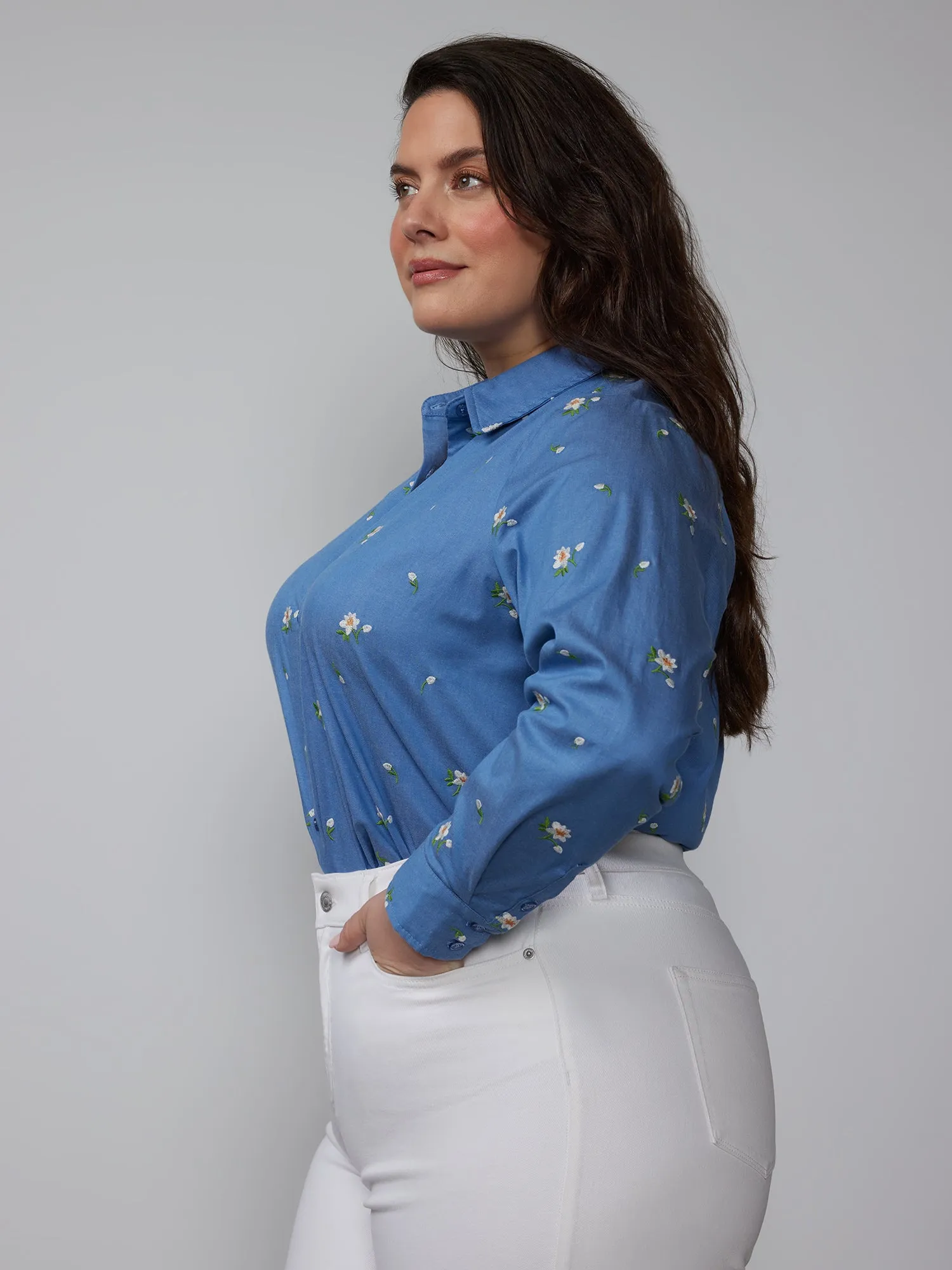 Plus Long Sleeve Embroidered Chambray Shirt