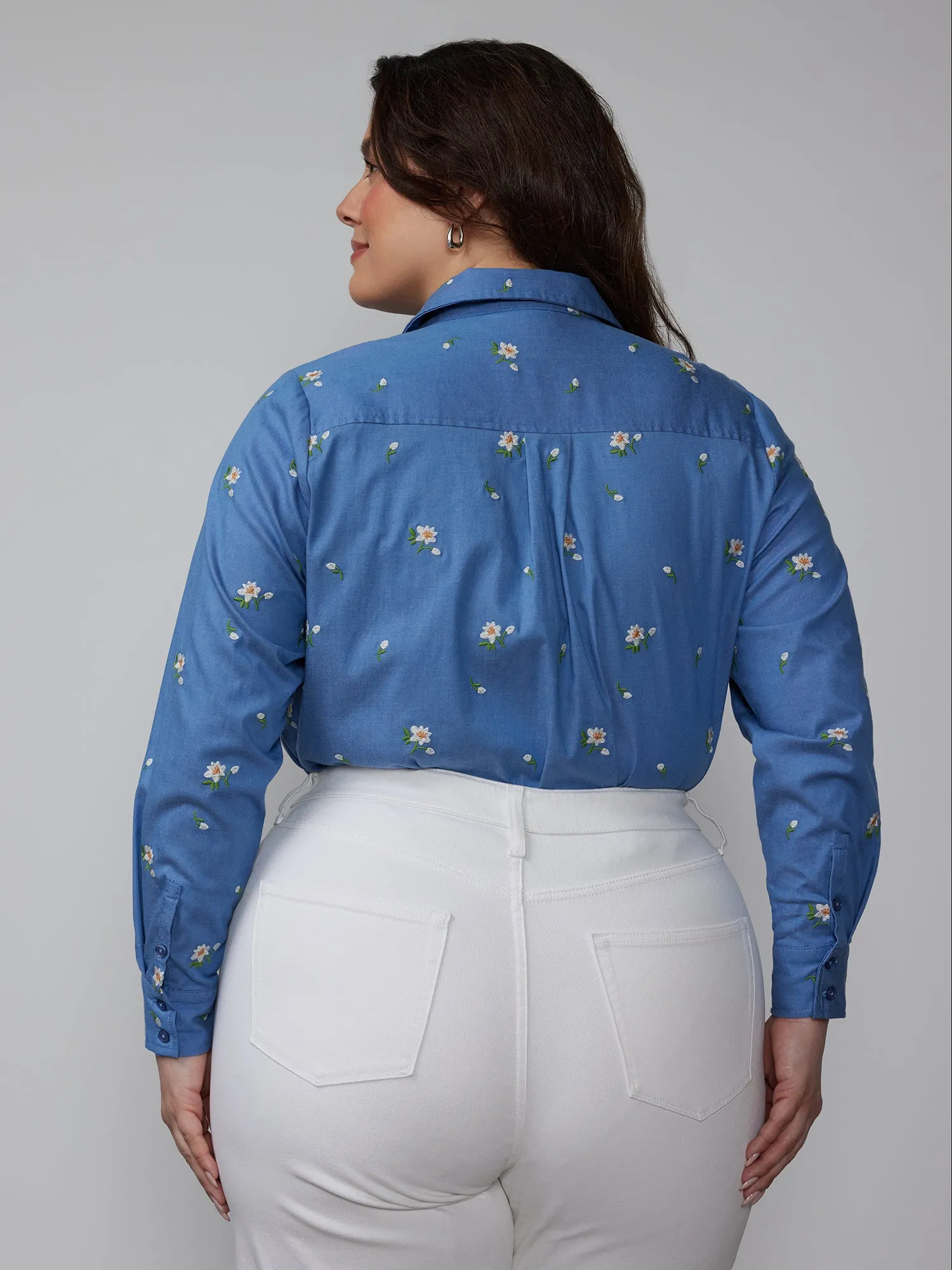 Plus Long Sleeve Embroidered Chambray Shirt