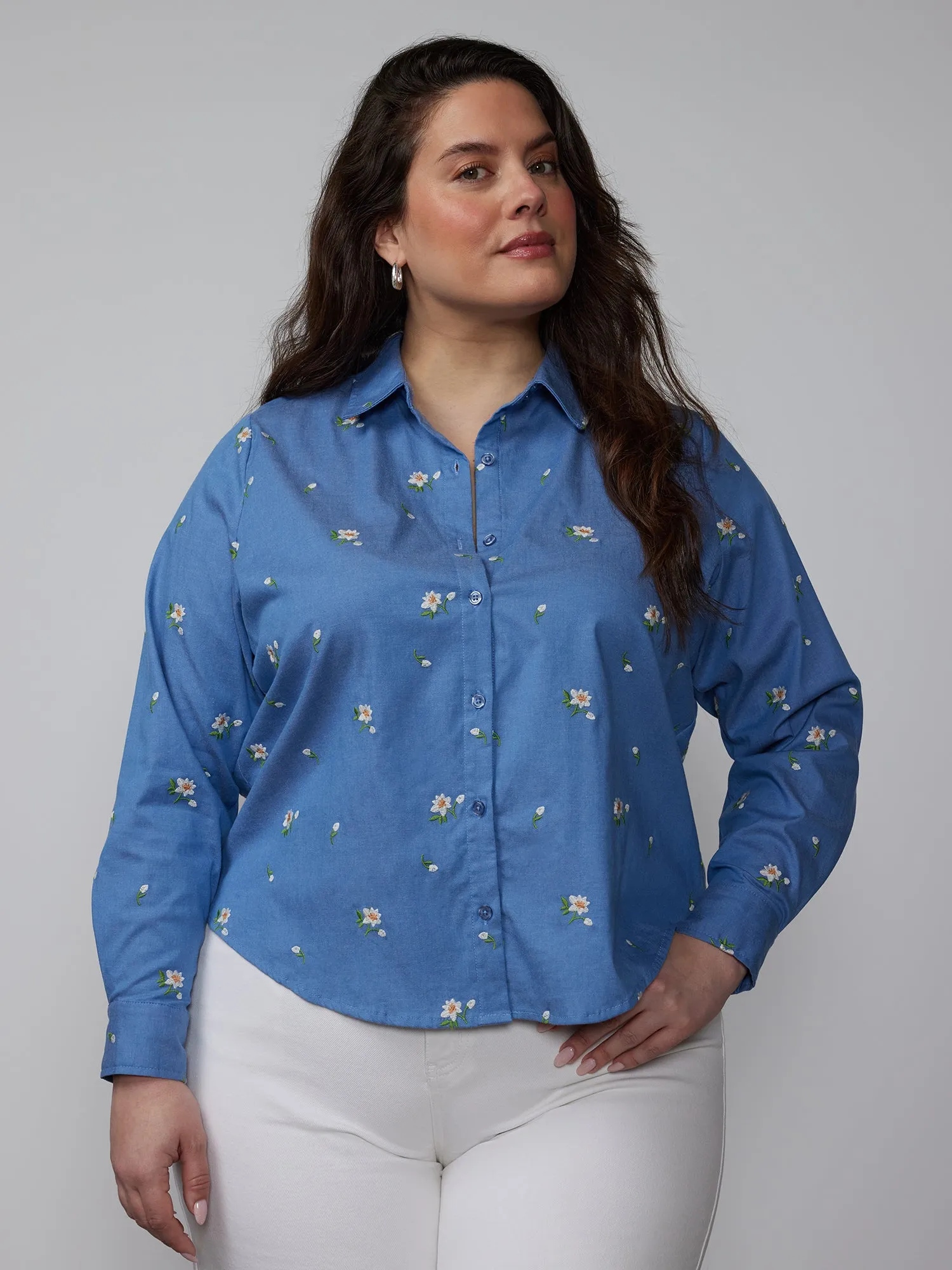 Plus Long Sleeve Embroidered Chambray Shirt